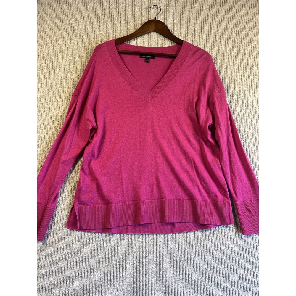 Banana Republic 100% Merino Wool Sweater Women's L V Neck Pullover Hot Pink